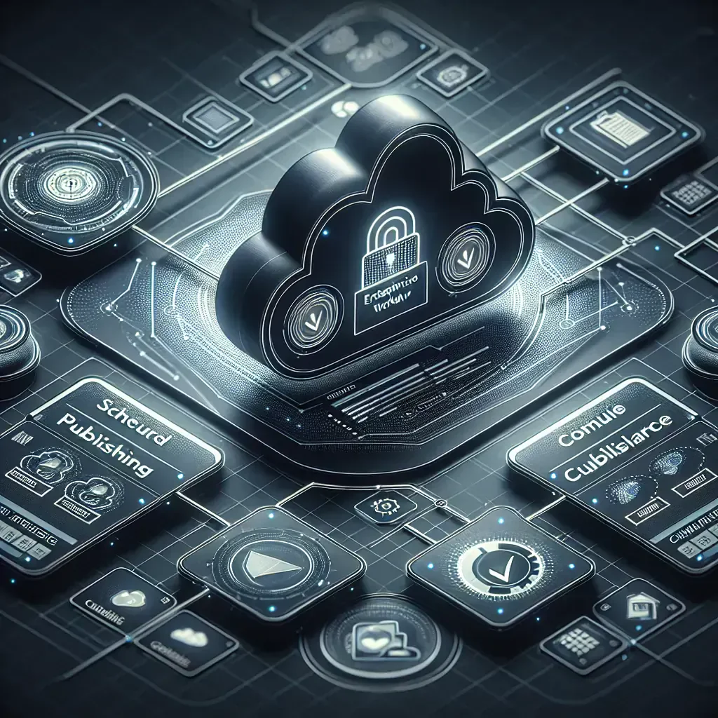 Abstract image of a compliant publishing workflow with cloud infrastructure and secure tokens